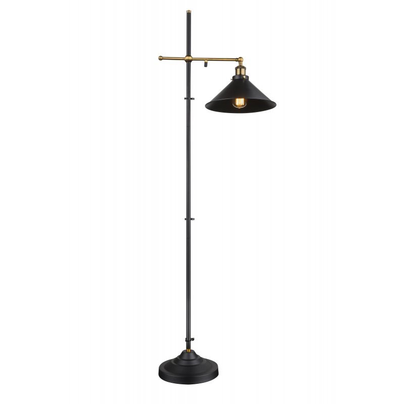 Czarna lampa podłogowa z elementami w kolorze starego złota, posiada klosz w kształcie stożka i prosty, pionowy stojak. Lampa wyposażona jest w żarówkę typu E27 i wyłącznik.