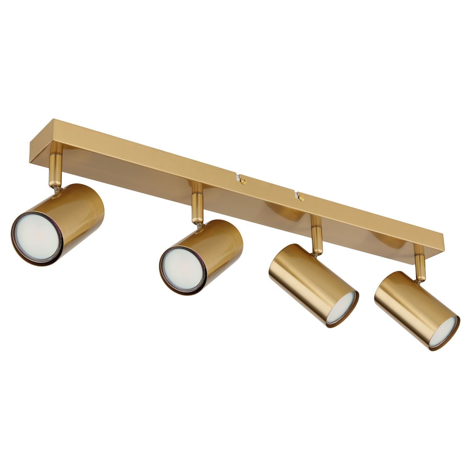 Złota lampa sufitowa z czterema regulowanymi reflektorami w kształcie cylindrów. Reflektory są zamontowane na prostokątnej listwie.