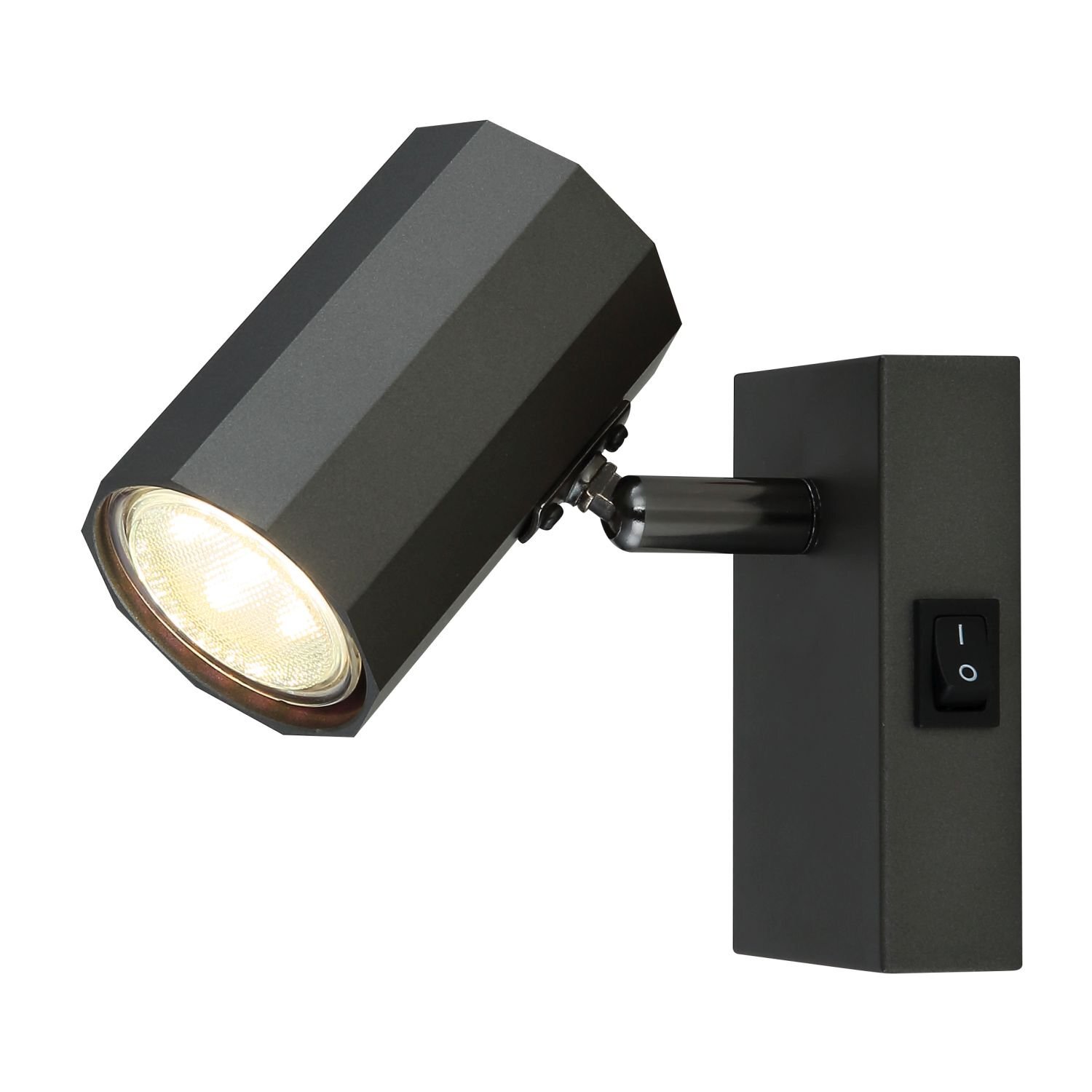 Czarna lampa reflektorowa z prostokątną podstawą i cylindrycznym kloszem, wyposażona w przełącznik z oznaczeniami \'I\' i \'O\'.