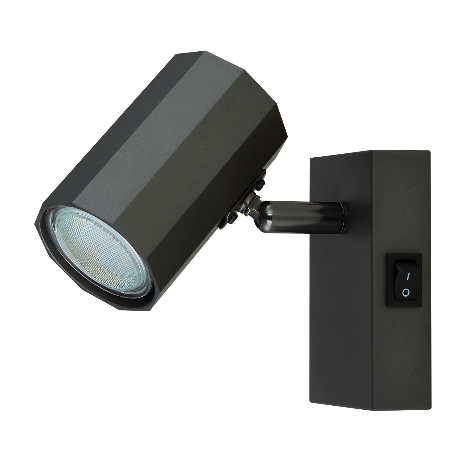 Czarna lampa reflektorowa z prostokątną podstawą i włącznikiem na obudowie. Lampa posiada cylindryczny klosz z możliwością regulacji kierunku światła.
