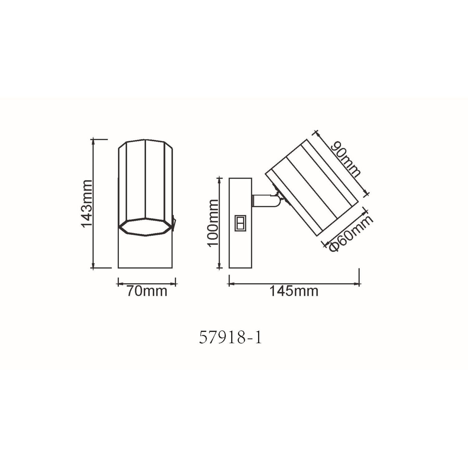 Schemat lampy reflektorowej z wymiarami: wysokość 143mm, szerokość 70mm, długość 145mm, średnica 60mm. Widoczny numer modelu: 57918-1.