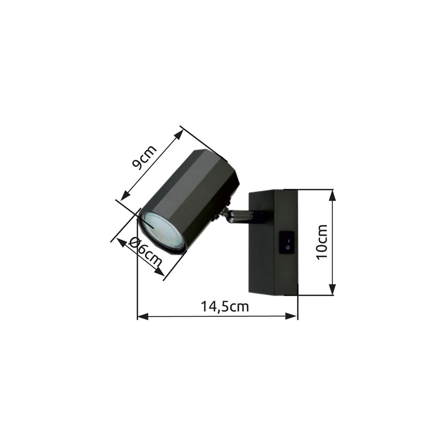 Czarna lampa reflektorowa z wymiarami: 9 cm wysokości, 6 cm średnicy klosza, 14,5 cm długości całkowitej i 10 cm wysokości podstawy. Na podstawie znajduje się włącznik.