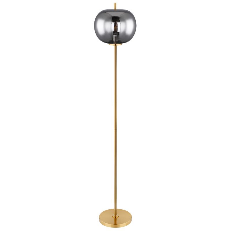 Lampa podłogowa z metalowym stelażem w złotym kolorze i szklanym kloszem w odcieniu szarości. Posiada okrągłą podstawę i prosty, smukły trzon.