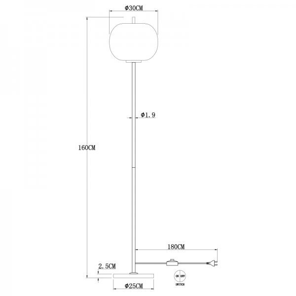 Schemat lampy podłogowej z wymiarami: wysokość 160 cm, średnica klosza 30 cm, średnica podstawy 25 cm. Widoczny jest włącznik nożny z oznaczeniem \'ON OFF SWITCH\'.