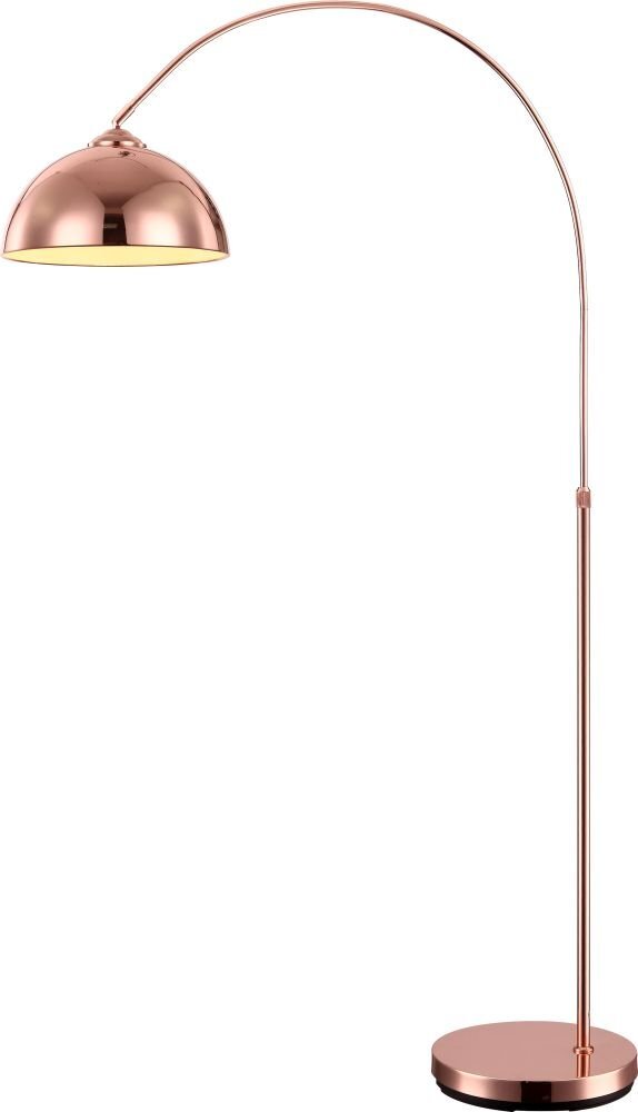 Lampa podłogowa w kolorze miedzianym z regulowanym ramieniem i okrągłą podstawą. Klosz ma kształt półkuli.