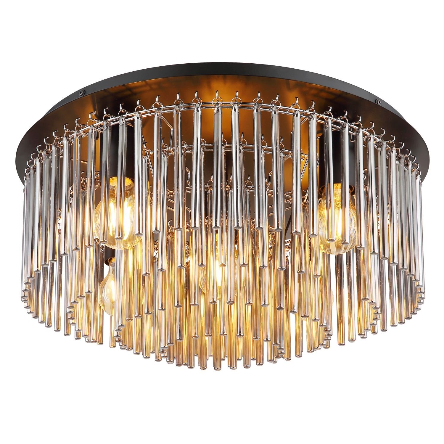 Lampa sufitowa z metalowymi prętami w kształcie walca, przez które prześwituje ciepłe światło żarówek. Konstrukcja ma nowoczesny design i elegancki wygląd.