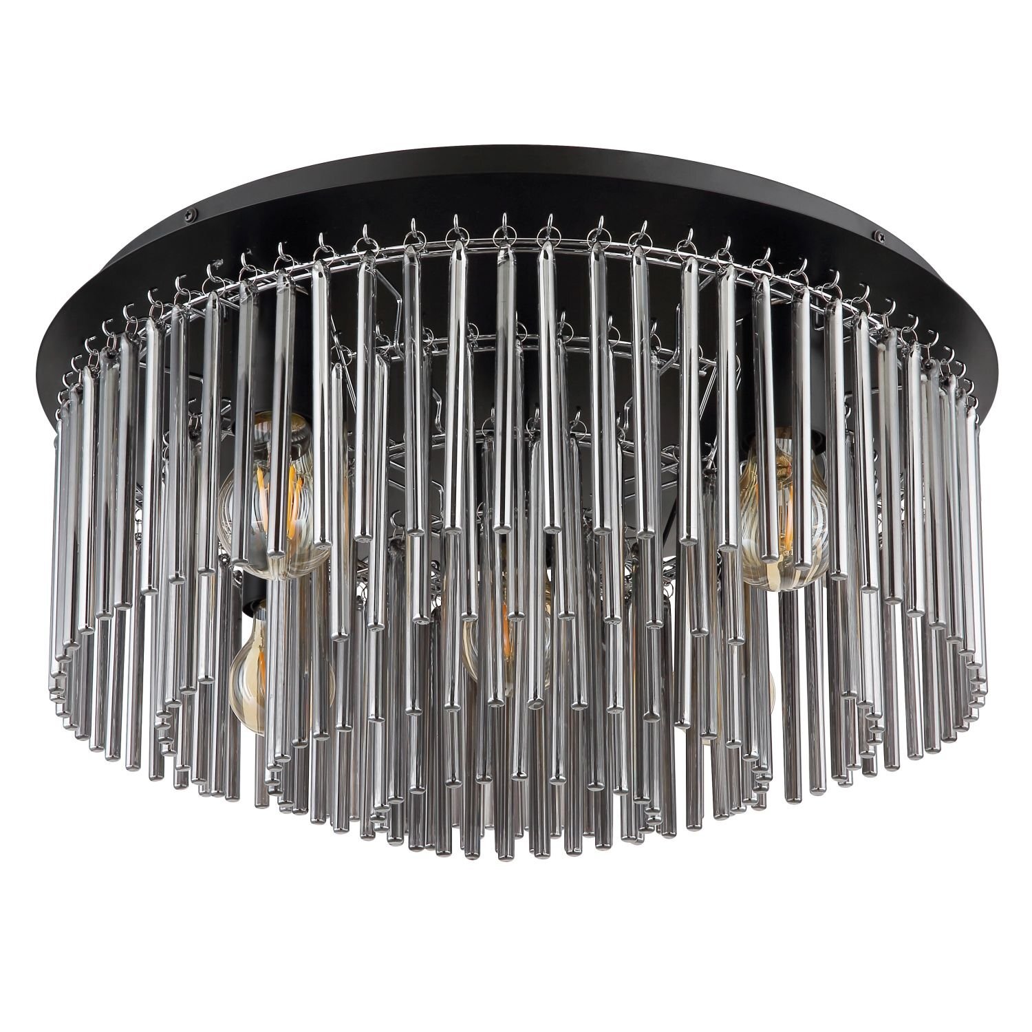 Lampa sufitowa z metalowymi, pionowymi prętami tworzącymi okrągły kształt. Wewnątrz widoczne są żarówki, a całość ma nowoczesny design.