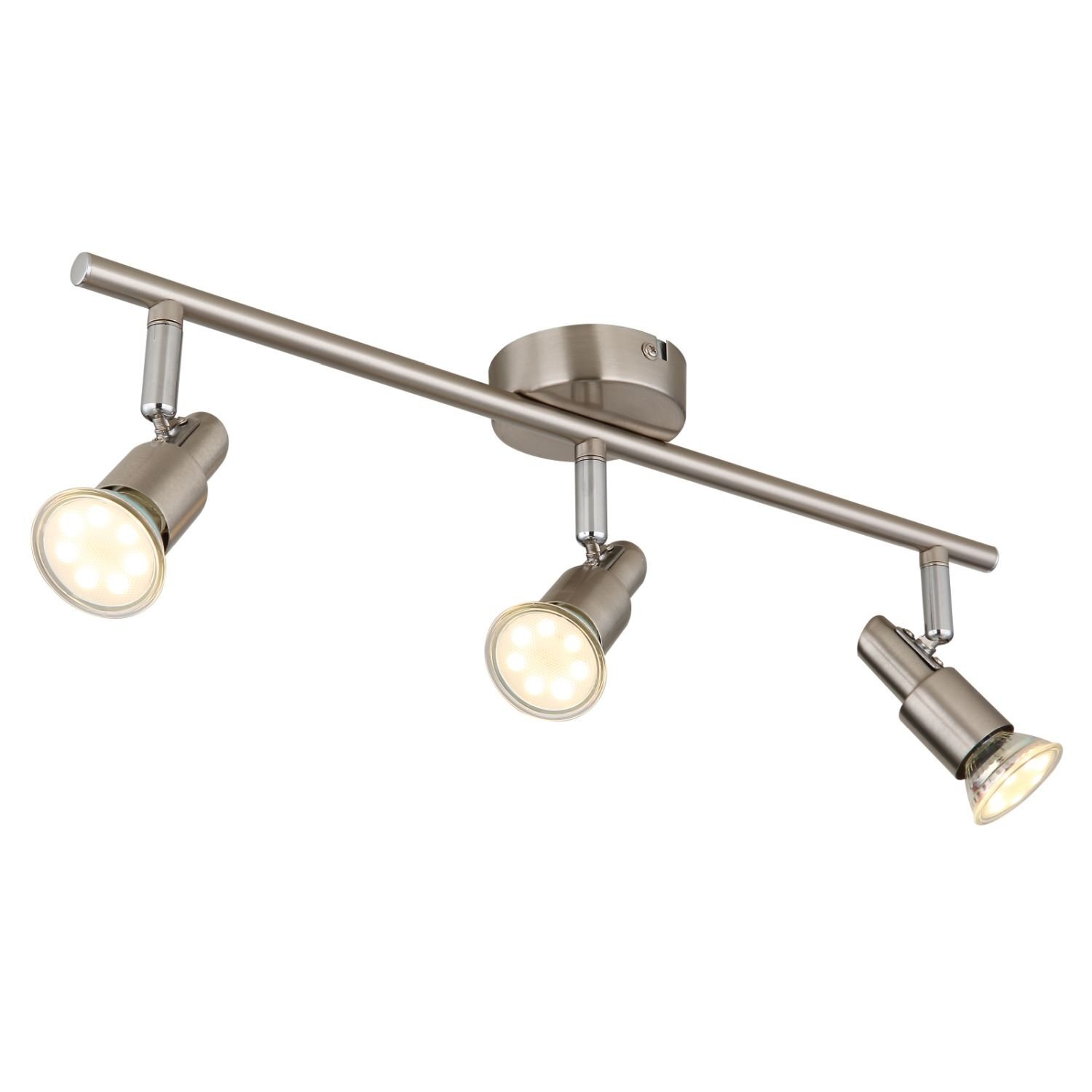 Na obrazie widoczna jest nowoczesna lampa sufitowa z trzema regulowanymi reflektorami w metalicznym kolorze. Reflektory są zamontowane na prostym, poziomym ramieniu przymocowanym do okrągłej podstawy.