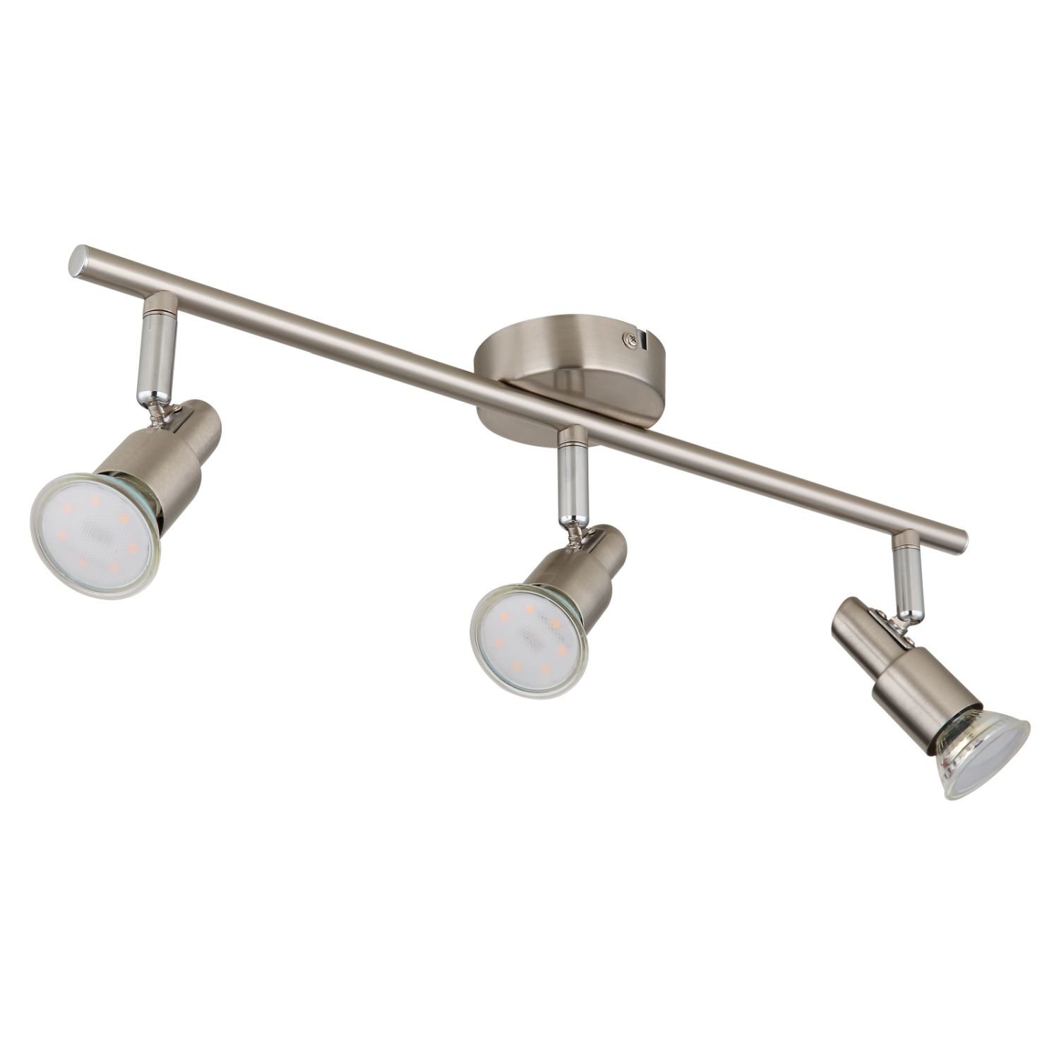 Na obrazie widoczna jest nowoczesna lampa sufitowa z trzema regulowanymi reflektorami w metalicznym kolorze. Reflektory są zamontowane na prostym, poziomym ramieniu przymocowanym do okrągłej podstawy.