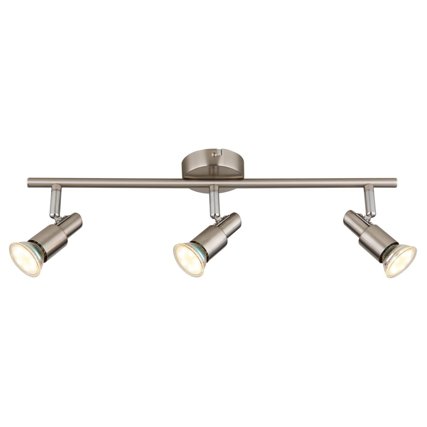 Na obrazie widoczna jest nowoczesna lampa sufitowa z trzema regulowanymi reflektorami w metalicznym kolorze. Reflektory są zamontowane na prostym, poziomym ramieniu przymocowanym do okrągłej podstawy sufitowej.
