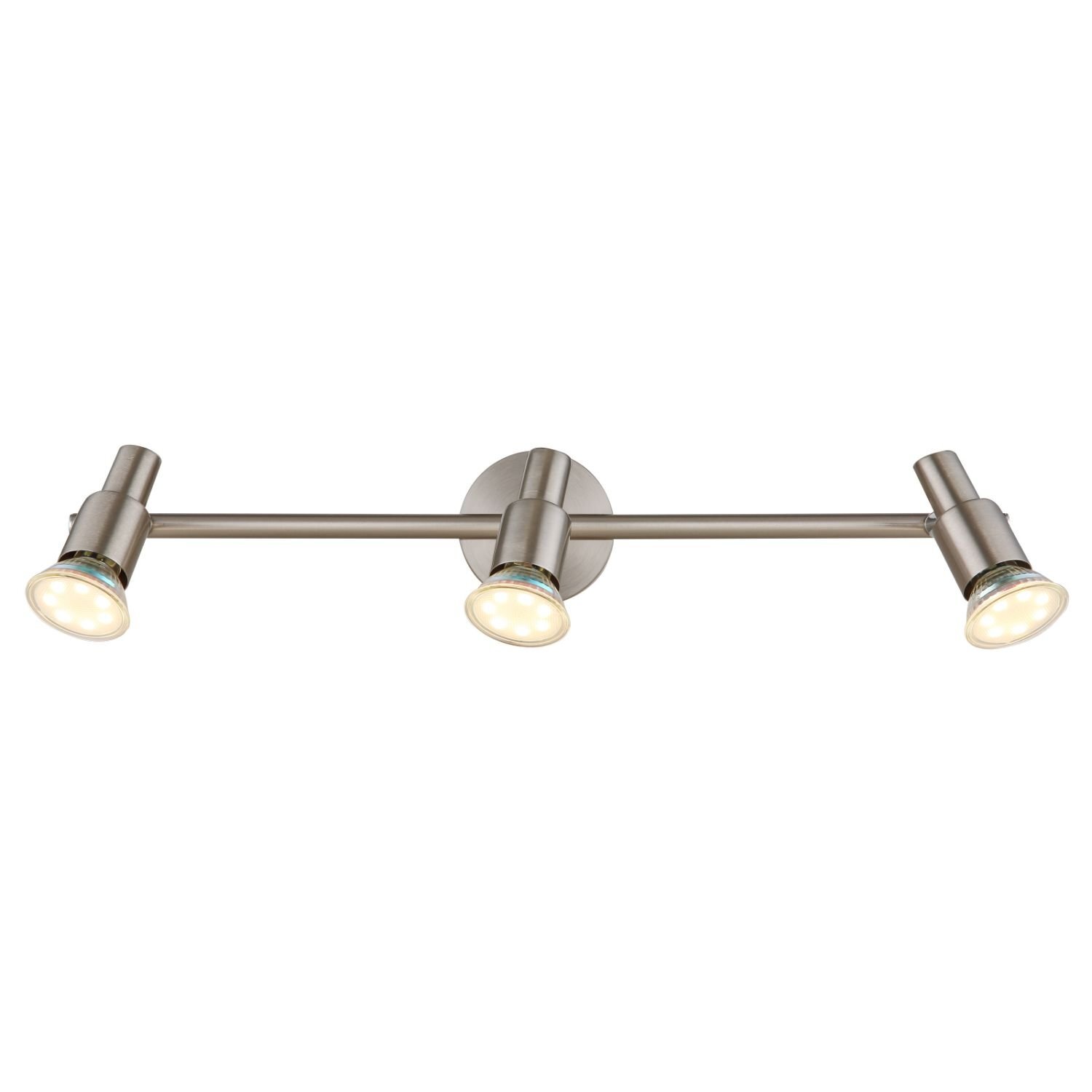 Na obrazie widoczna jest nowoczesna lampa sufitowa z trzema regulowanymi reflektorami w metalicznym kolorze. Reflektory są zamontowane na prostym, poziomym ramieniu przymocowanym do okrągłej podstawy.