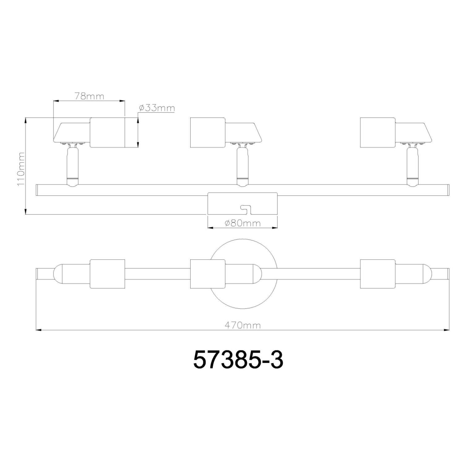 Schemat techniczny lampy sufitowej z trzema regulowanymi reflektorami, z wymiarami: 470mm długości, 110mm wysokości, 78mm szerokości reflektora, oraz średnicą podstawy 80mm. Widoczny numer modelu: 57385-3.