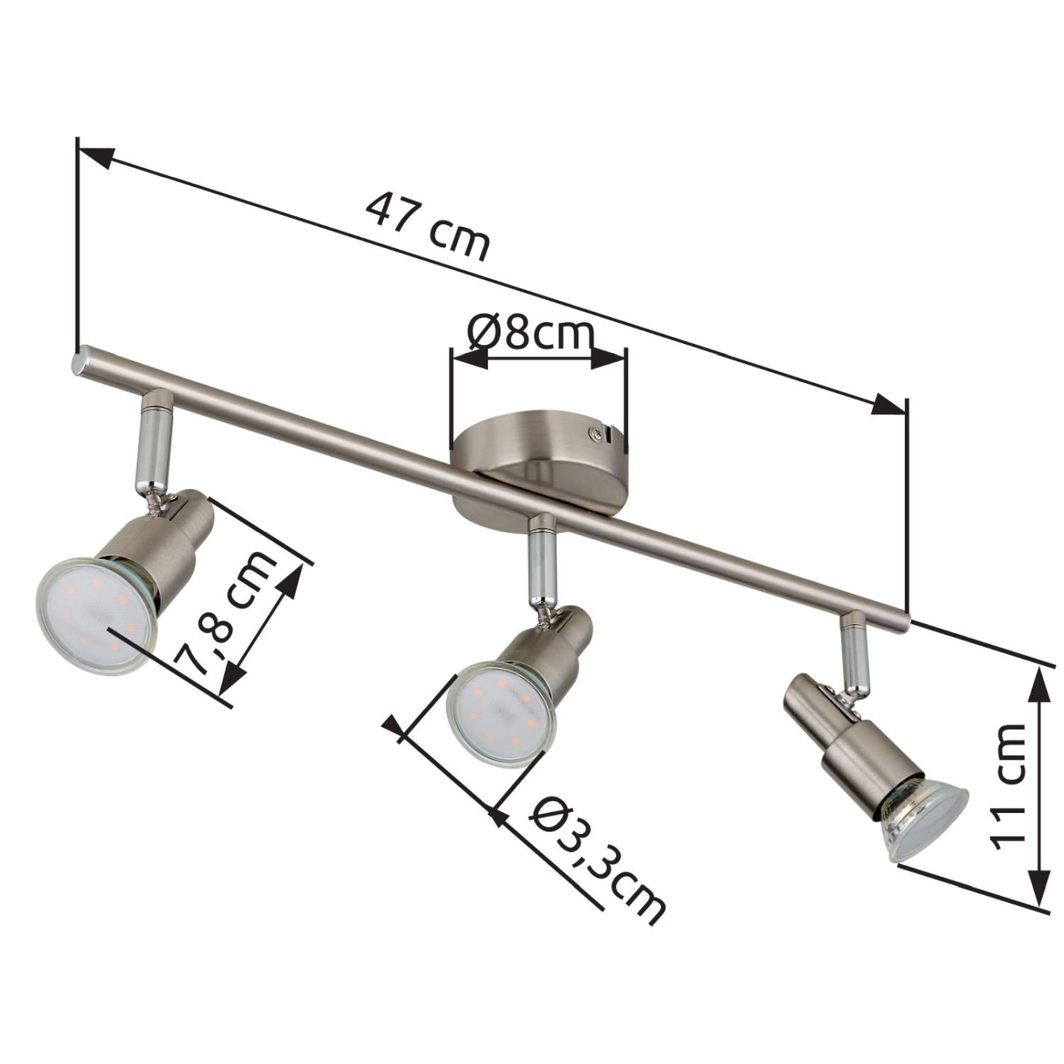 Lampa sufitowa z trzema regulowanymi reflektorami na metalowej listwie. Wymiary: długość 47 cm, średnica podstawy 8 cm, średnica reflektorów 3,3 cm, wysokość 11 cm, długość reflektorów 7,8 cm.