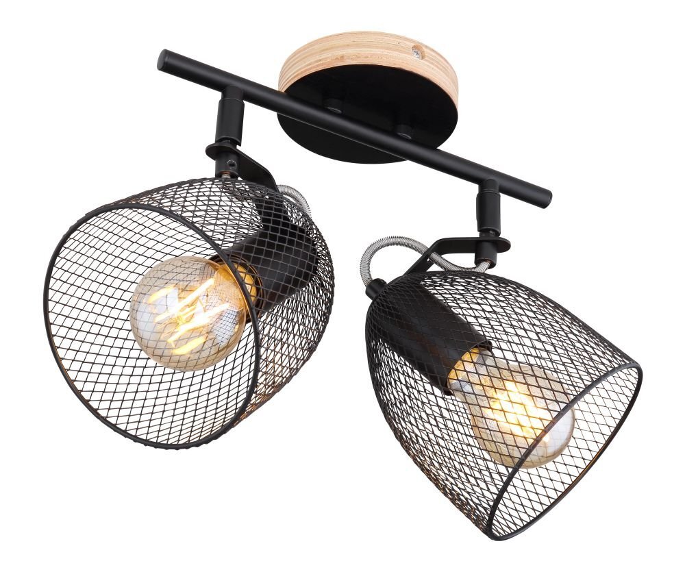 Lampa sufitowa z dwoma źródłami światła, posiada czarne, siatkowe abażury i drewnianą podstawę. Konstrukcja wykonana z ciemnego drewna i czarnego metalu.