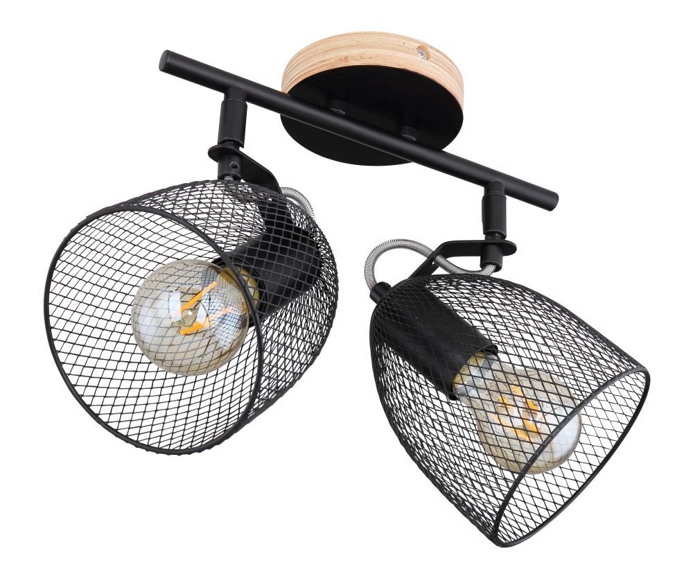 Lampa sufitowa z dwoma żarówkami, posiada czarne, siatkowe abażury i elementy z ciemnego drewna oraz metalu. Konstrukcja jest zamontowana na okrągłej podstawie.