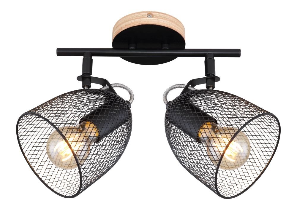 Lampa sufitowa z dwoma źródłami światła, wykonana z ciemnego drewna i czarnego metalu, z siatkowanymi abażurami. Żarówki są widoczne przez siatkę.
