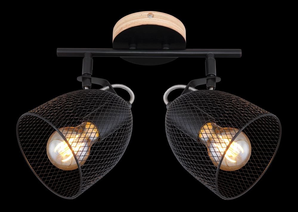 Lampa sufitowa z dwoma żarówkami w siatkowych abażurach, zamontowana na ciemnym drewnie i czarnym metalu. Żarówki są widoczne przez siatkę, a całość ma nowoczesny design.