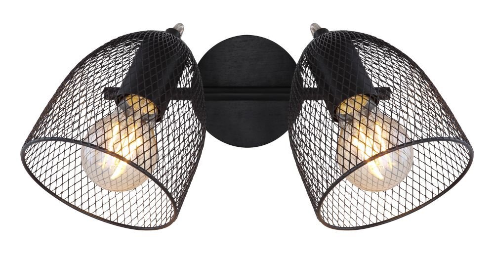 Lampa sufitowa z dwoma żarówkami, posiada czarne, siatkowe abażury i ciemne drewniane elementy. Konstrukcja wykonana z metalu i drewna.