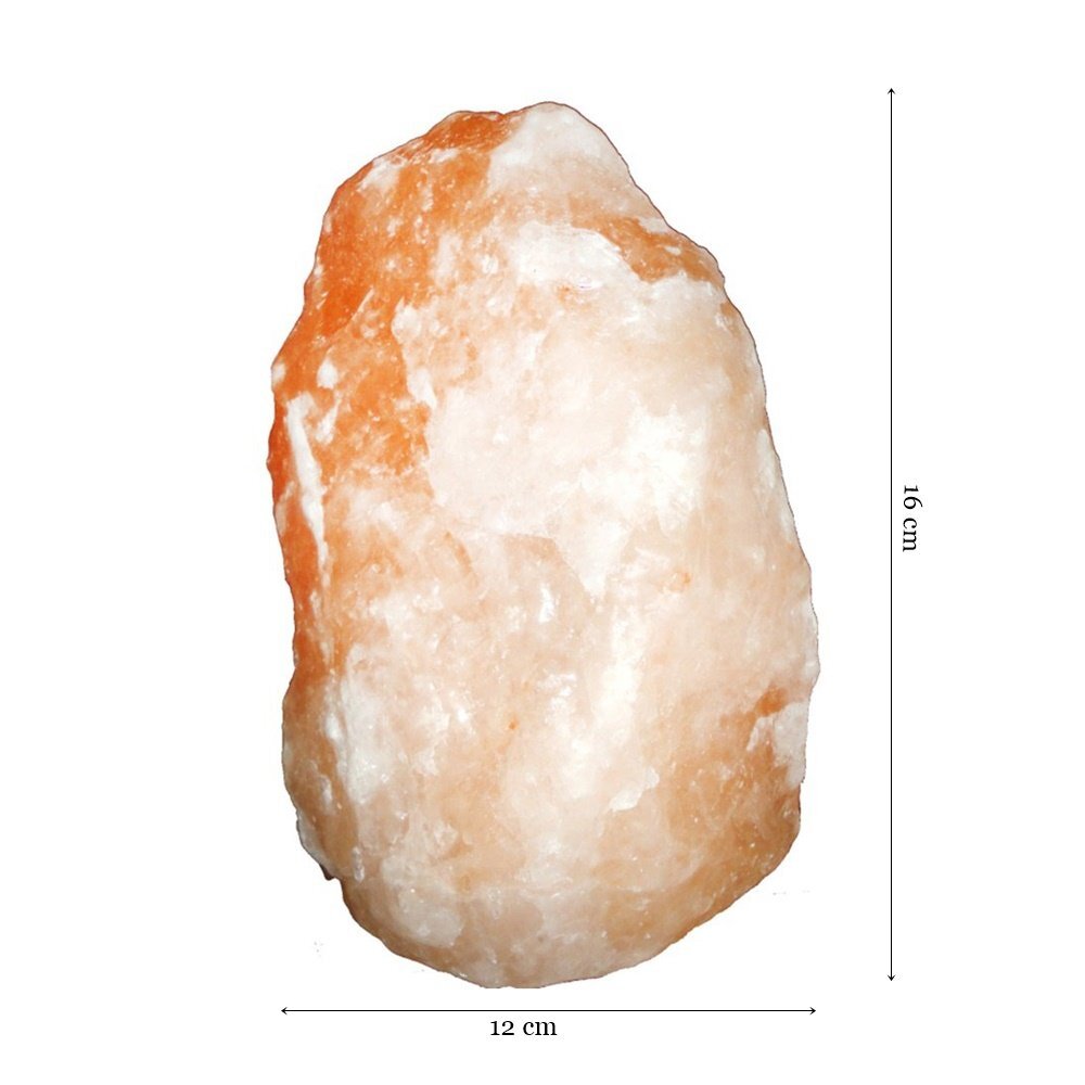 Obraz przedstawia lampę solną o nieregularnym kształcie, w kolorach białym i pomarańczowym. Obok lampy widoczne są wymiary: 16 cm wysokości i 12 cm szerokości.