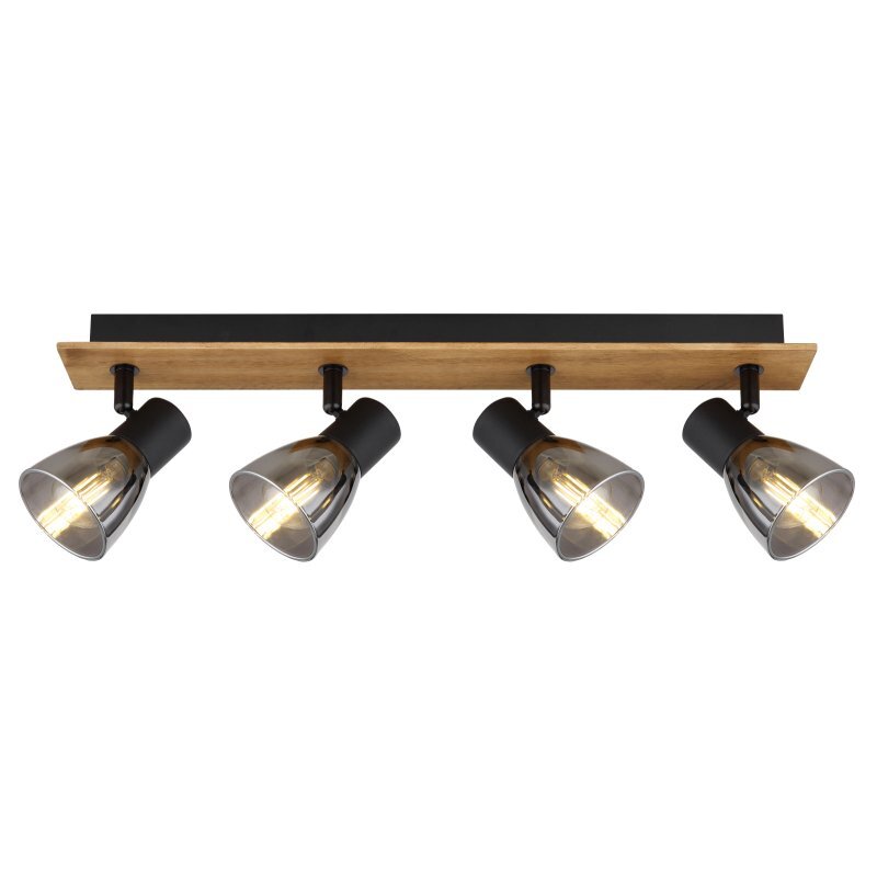 Lampa sufitowa z czterema reflektorami zamontowanymi na drewnianej listwie, z czarnymi matowymi elementami i przydymionymi szklanymi kloszami.