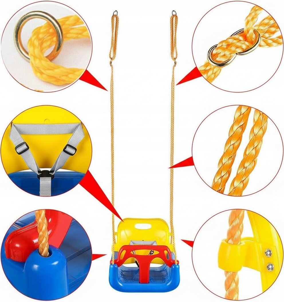 Kolorowa huśtawka ogrodowa dla dzieci z żółtymi linami i czerwono-niebieskim siedziskiem. Widoczne są szczegóły konstrukcji, takie jak metalowe pierścienie, zapięcia pasów bezpieczeństwa i mocowania lin.