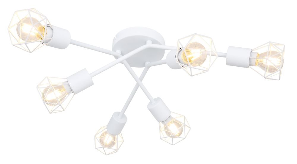Biała, metalowa lampa sufitowa z sześcioma żarówkami w geometrycznych kloszach. Klosze są zamocowane na ramionach wychodzących z centralnej podstawy.