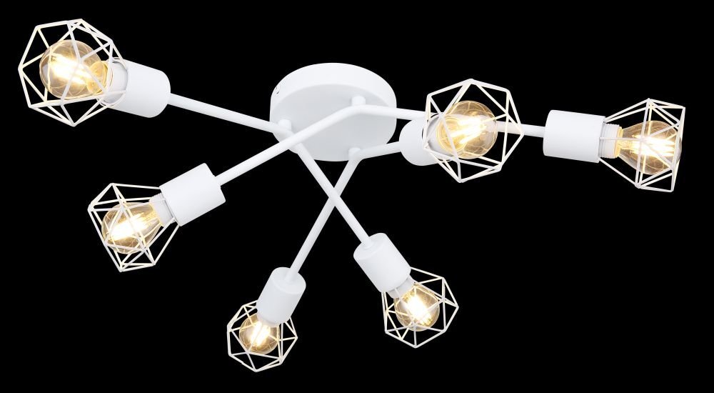Biała, metalowa lampa sufitowa z sześcioma żarówkami w geometrycznych kloszach. Lampa ma nowoczesny design z ramionami rozchodzącymi się promieniście.
