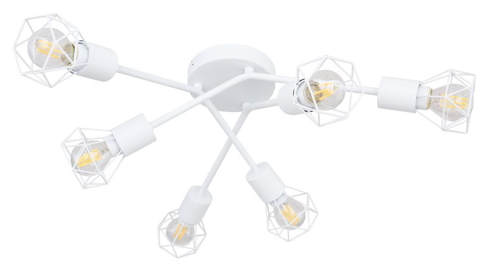 Biała, metalowa lampa sufitowa z sześcioma ramionami, zakończonymi oprawkami na żarówki w geometrycznych kloszach. Lampa nie zawiera żarówek.