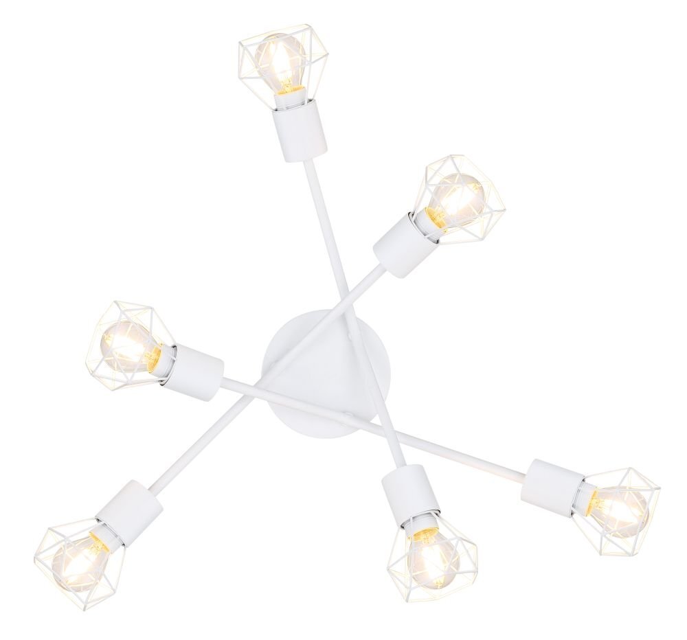 Biała, metalowa lampa sufitowa z sześcioma żarówkami w geometrycznych kloszach. Lampa ma prosty, nowoczesny design z centralnym mocowaniem i rozchodzącymi się ramionami.