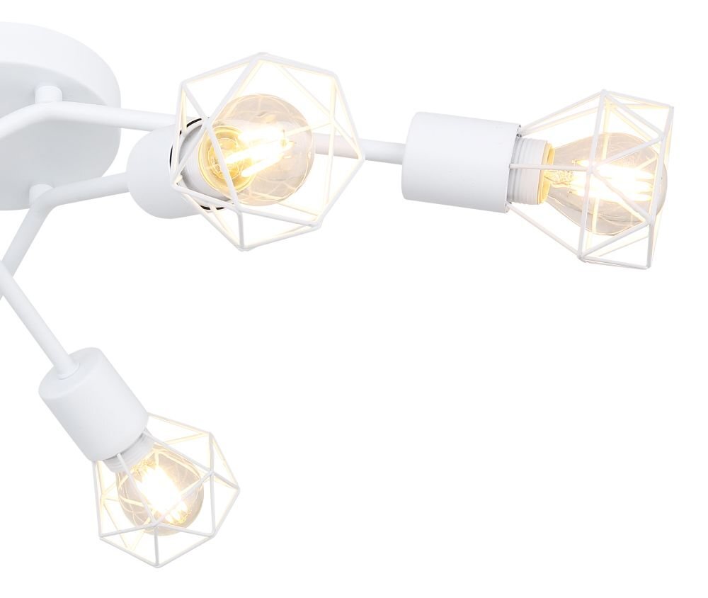 Biała, metalowa lampa sufitowa z sześcioma żarówkami w geometrycznych kloszach. Żarówki są widoczne i emitują ciepłe światło.