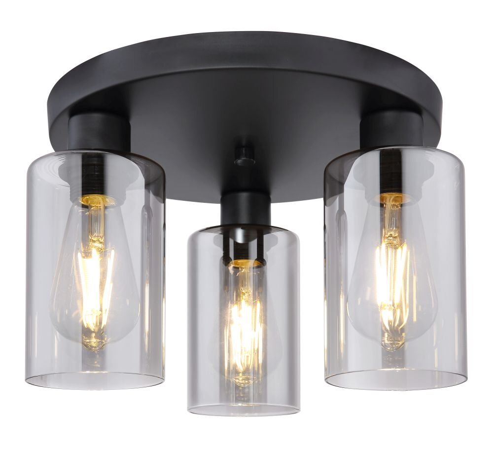 Lampa sufitowa z trzema żarówkami umieszczonymi w przydymionych szklanych kloszach, zamontowana na czarnej metalowej podstawie. Żarówki emitują ciepłe światło.