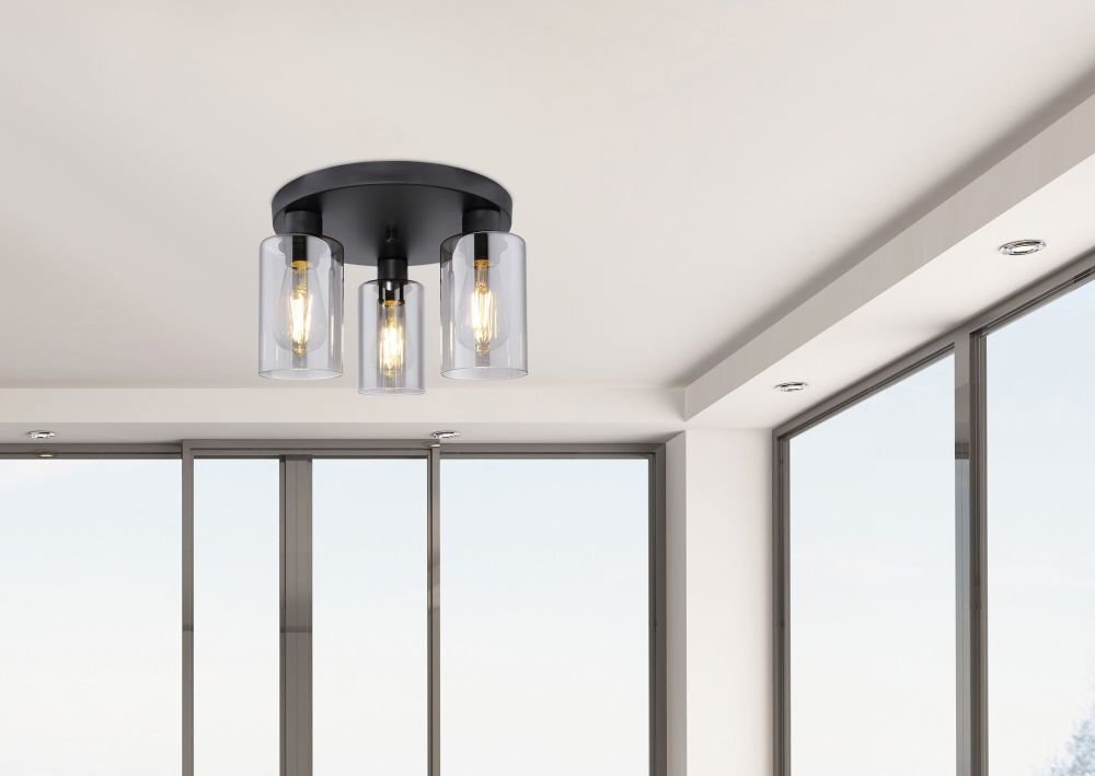 Na obrazie widoczna jest czarna metalowa lampa sufitowa z trzema żarówkami osłoniętymi przydymionym szkłem. W tle znajdują się duże okna z widokiem na jasne niebo.