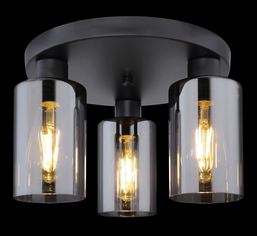 Lampa sufitowa z trzema żarówkami umieszczonymi w przydymionych szklanych kloszach, zamontowana na czarnej metalowej podstawie. Żarówki emitują ciepłe, żółte światło.