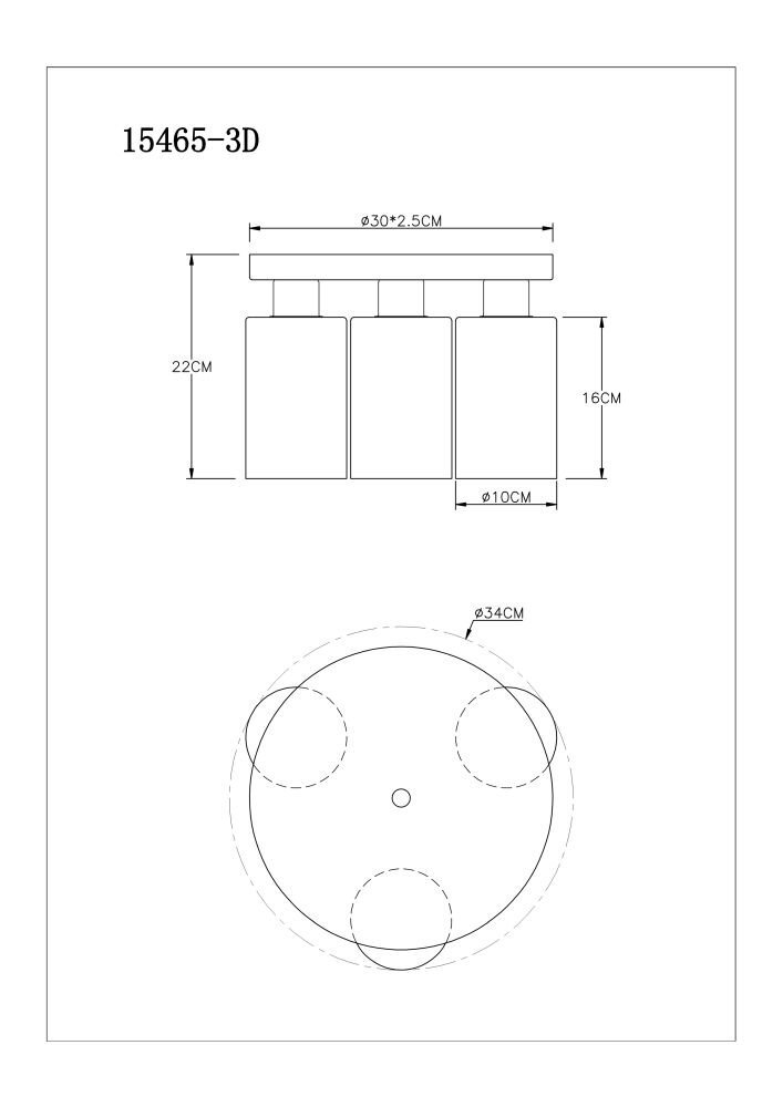 Schemat lampy sufitowej z trzema kloszami, z wymiarami: wysokość 22 cm, średnica klosza 10 cm, całkowita średnica 34 cm. Widoczny tekst: \'15465-3D\'.