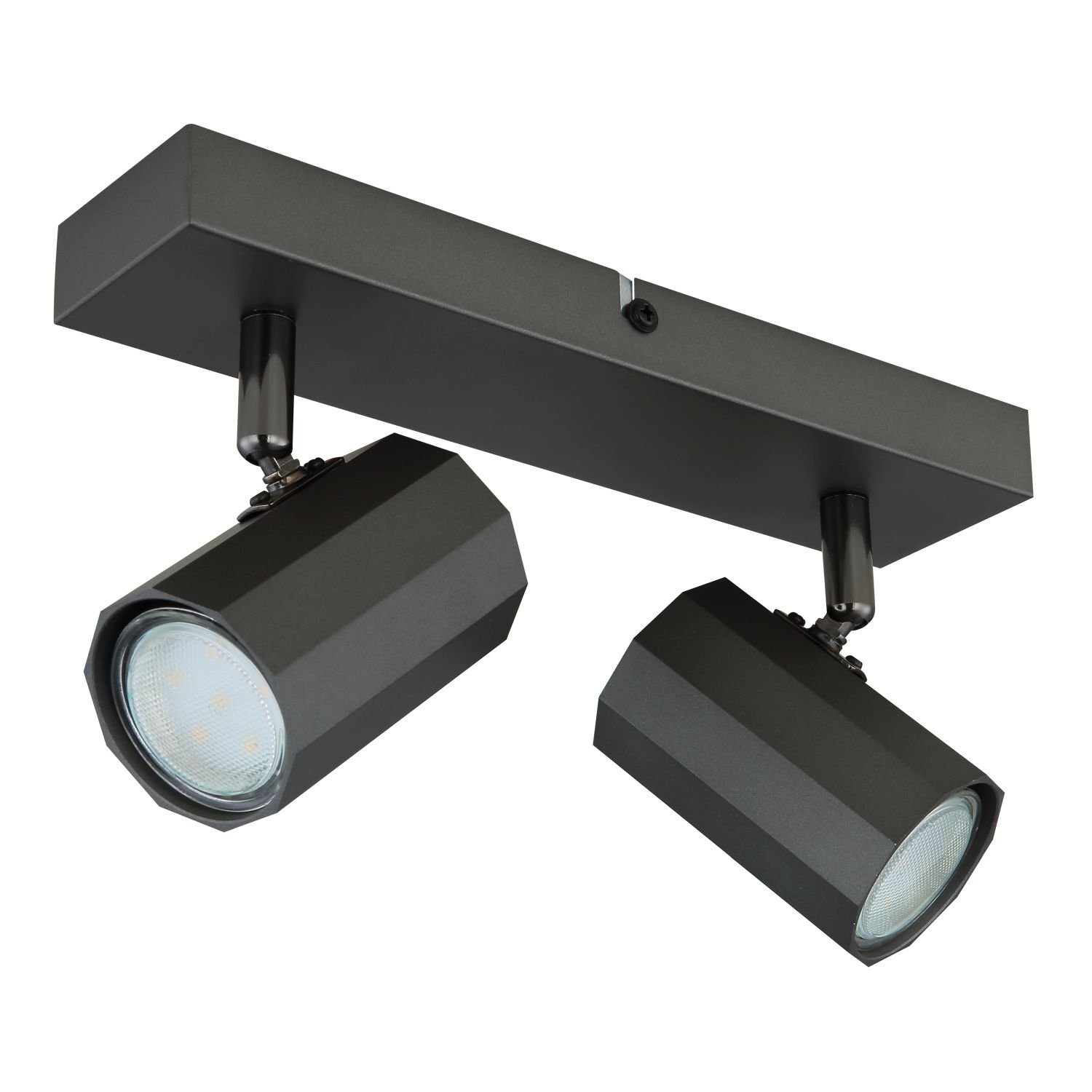 Na obrazie widoczna jest nowoczesna lampa sufitowa z dwoma reflektorami w kolorze czarnym, zamontowana na prostokątnej podstawie. Reflektory mają kształt wielokątny i są skierowane w różnych kierunkach.