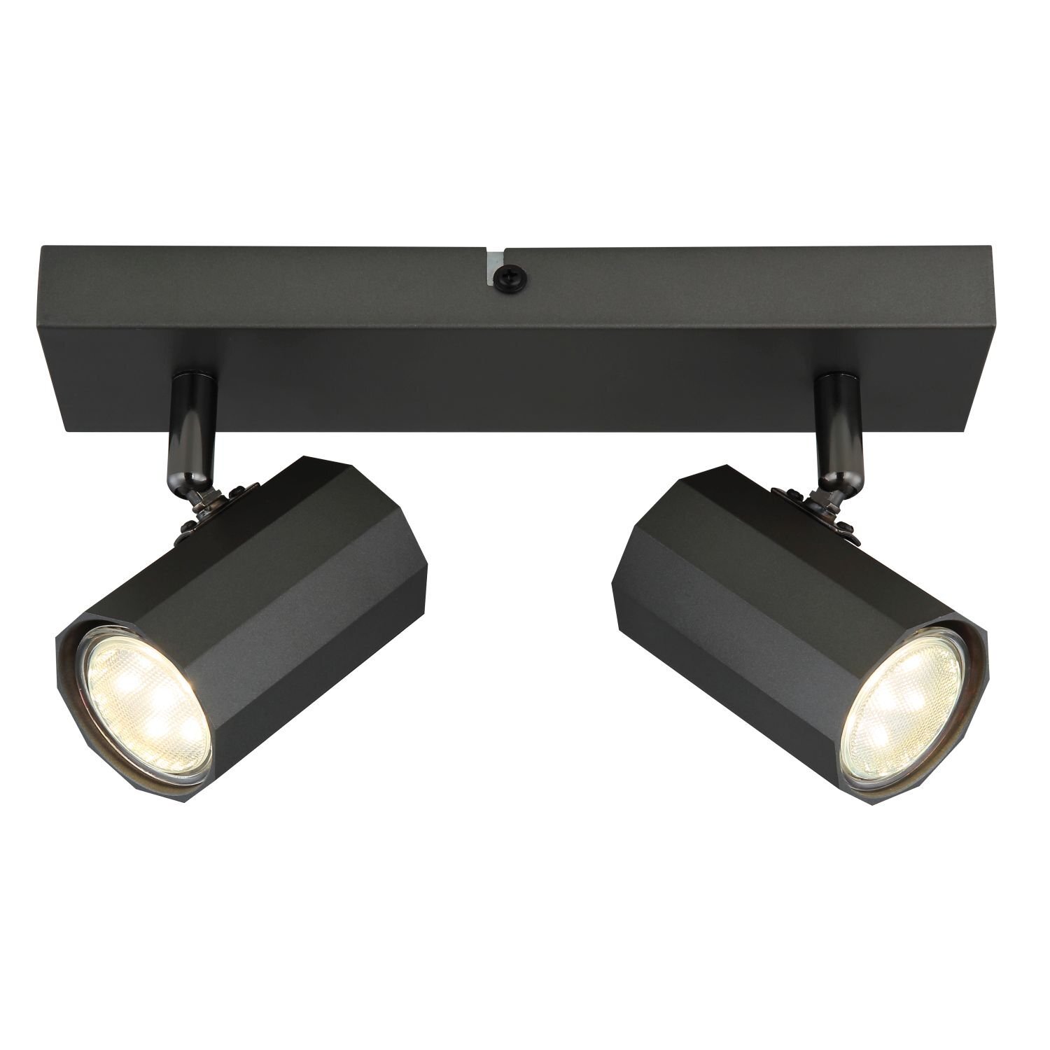 Na obrazie widoczna jest nowoczesna lampa sufitowa z dwoma reflektorami zamontowanymi na prostokątnej podstawie. Reflektory mają kanciasty kształt i są skierowane w różnych kierunkach.