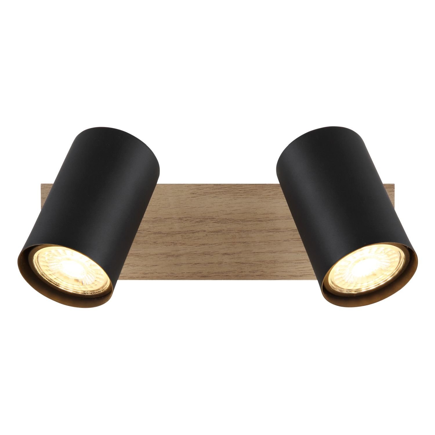 Lampa reflektorowa z dwoma czarnymi, cylindrycznymi kloszami zamontowanymi na prostokątnej, drewnianej podstawie. Oba klosze emitują ciepłe światło.