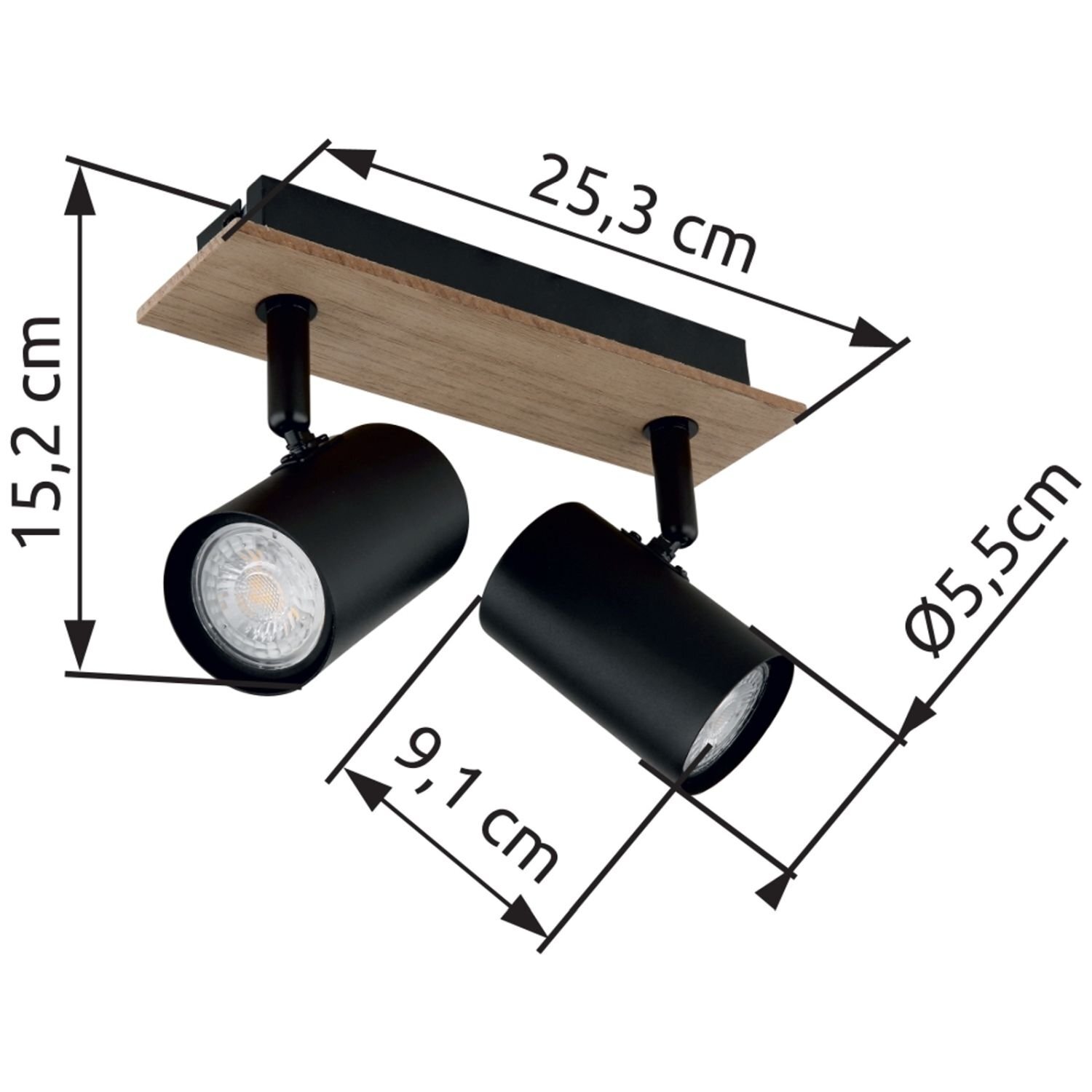 Na obrazie widoczna jest lampa reflektorowa z dwoma czarnymi punktami świetlnymi zamontowanymi na drewnianej podstawie. Wymiary to 25,3 cm długości, 15,2 cm wysokości, 9,1 cm głębokości i średnica 5,5 cm.