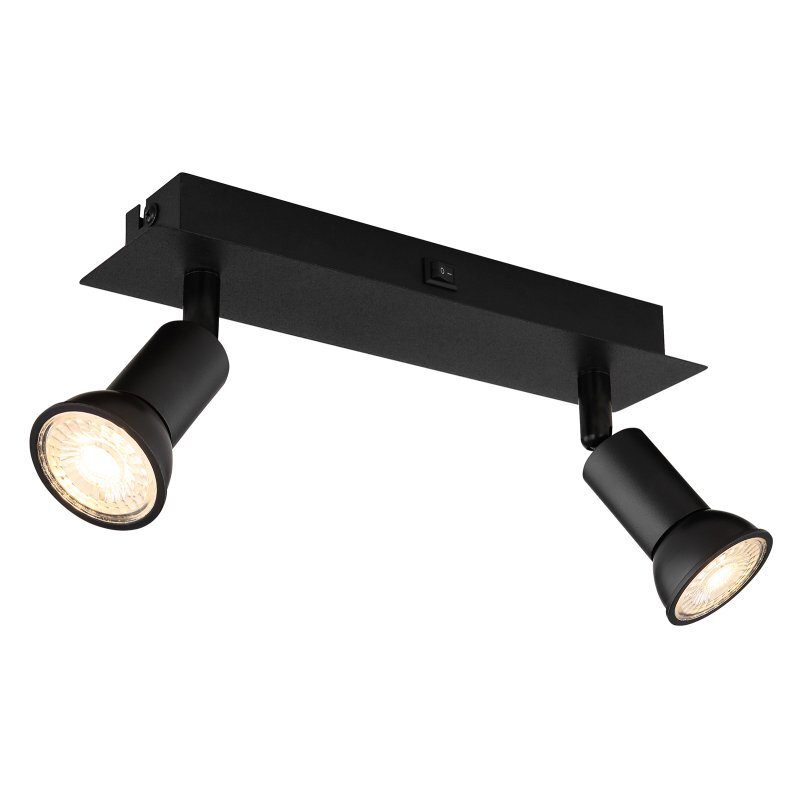 Czarna matowa lampa sufitowa z dwoma reflektorami typu spot, zamontowana na prostokątnej podstawie z włącznikiem. Reflektory są skierowane w różnych kierunkach, a ich wnętrza są oświetlone.