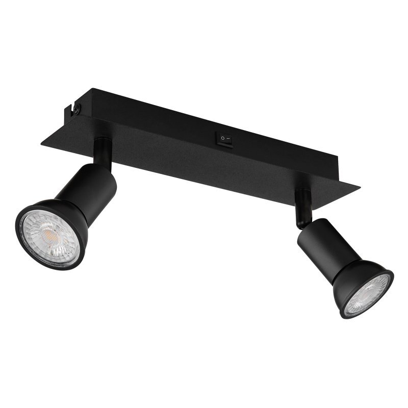 Czarna matowa lampa sufitowa z dwoma reflektorami na prostokątnej podstawie, wyposażona w włącznik. Reflektory mają kształt cylindryczny i są skierowane w różnych kierunkach.