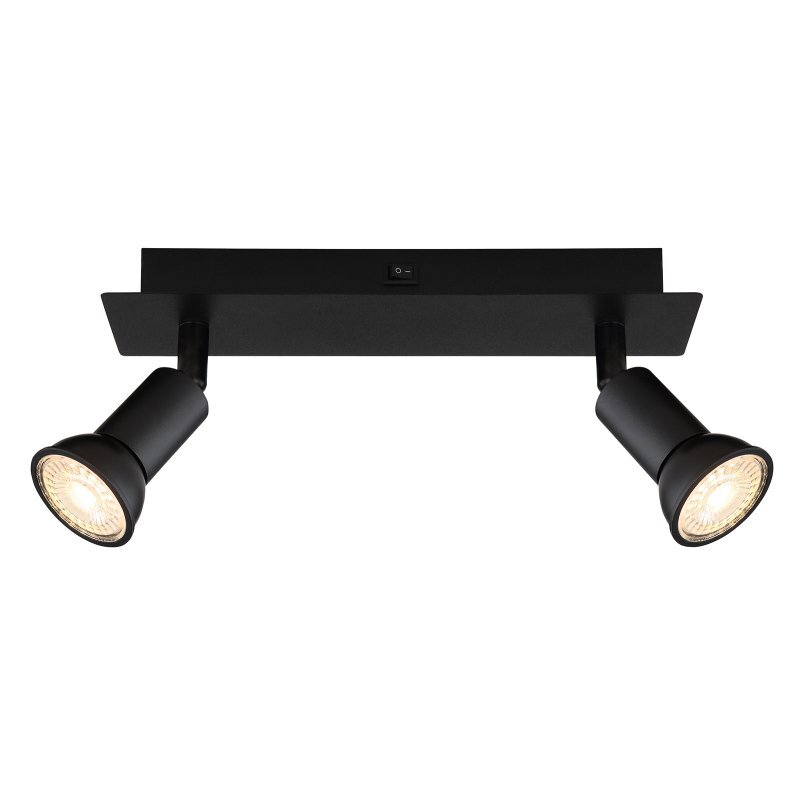 Czarna matowa lampa sufitowa z dwoma reflektorami skierowanymi w dół, zamontowana na prostokątnej podstawie z włącznikiem pośrodku.