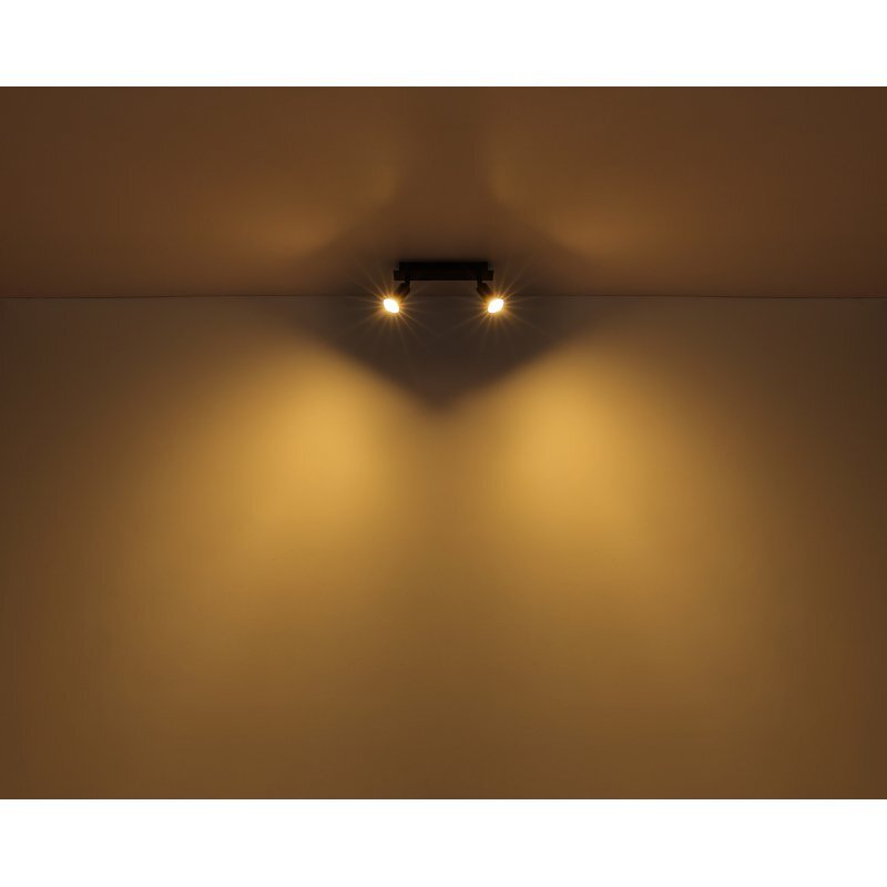 Na suficie zamontowana jest czarna matowa lampa sufitowa z dwoma reflektorami, które emitują ciepłe światło na ścianę.