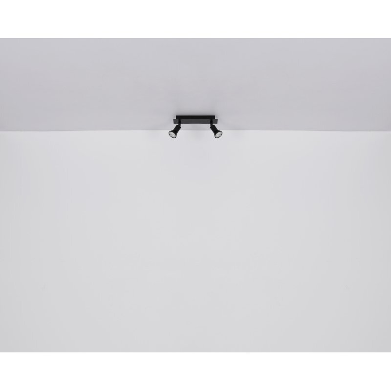 Na suficie zamontowana jest czarna matowa lampa sufitowa z dwoma reflektorami skierowanymi w dół. Lampa ma prostokątną podstawę i dwa ruchome spoty.