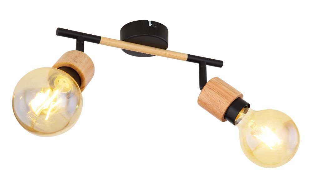 Lampa ścienna z dwoma żarówkami, czarnym matowym wykończeniem i drewnianymi elementami. Reflektory są regulowane, a całość zamontowana jest na metalowym uchwycie.