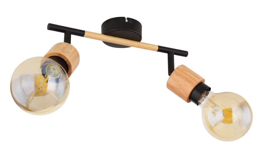 Lampa ścienna z dwoma żarówkami w oprawach z czarnego matowego metalu i drewna, zamontowana na poziomym pręcie z możliwością regulacji reflektorów.