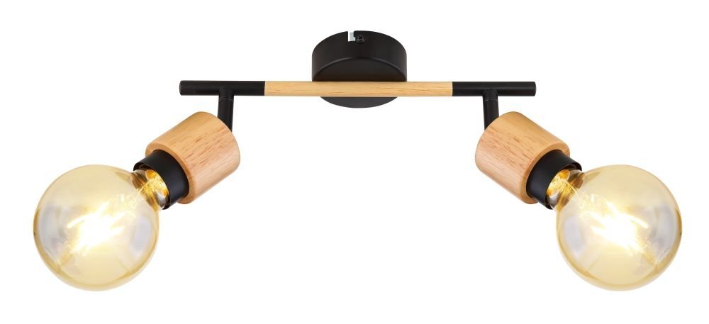Lampa ścienna z dwoma regulowanymi reflektorami, wykonana z czarnego matowego metalu i drewna, z widocznymi żarówkami w oprawkach.