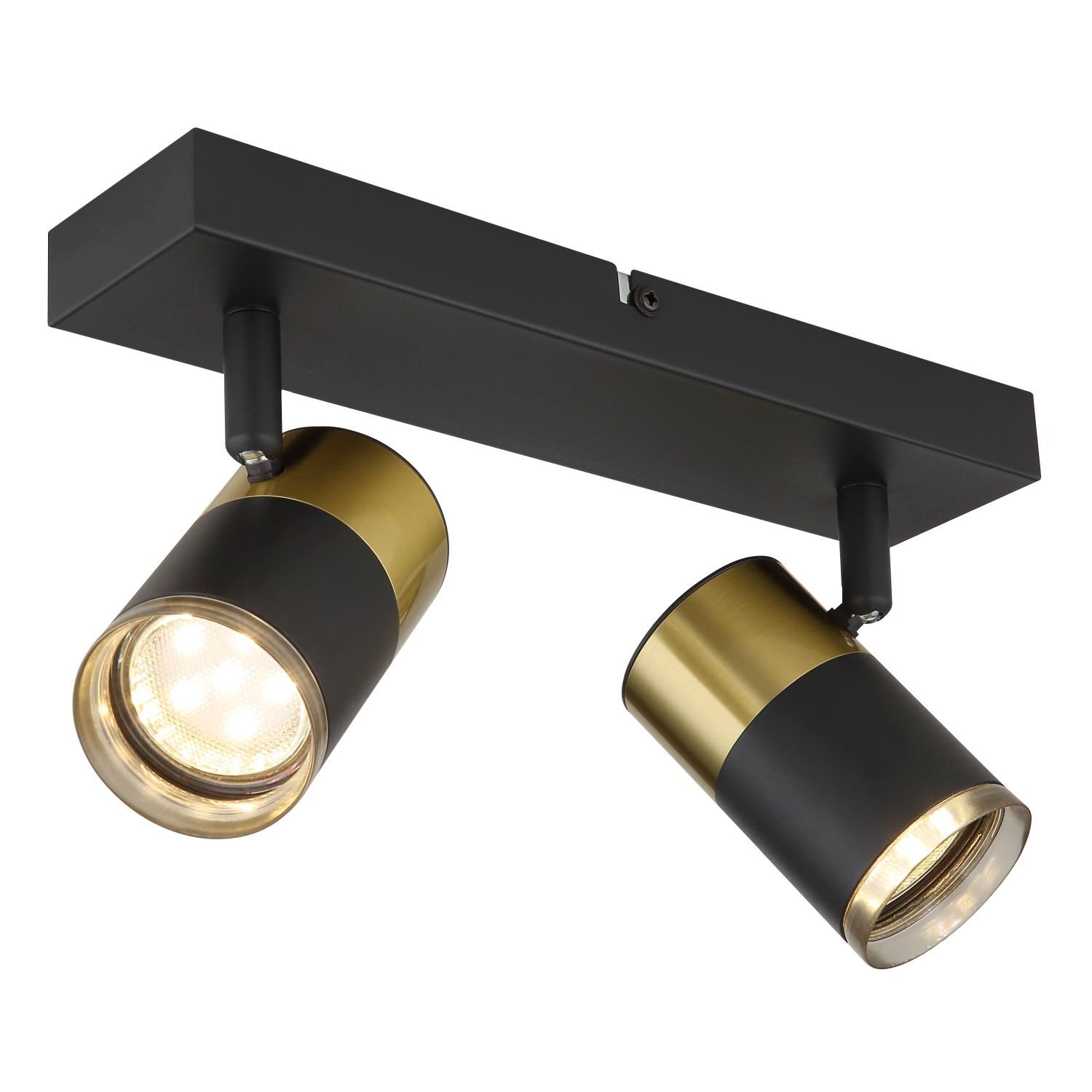 Lampa sufitowa z dwoma regulowanymi reflektorami w kolorze czarno-złotym, zamontowana na prostokątnej podstawie. Reflektory mają cylindryczny kształt i emitują jasne światło.
