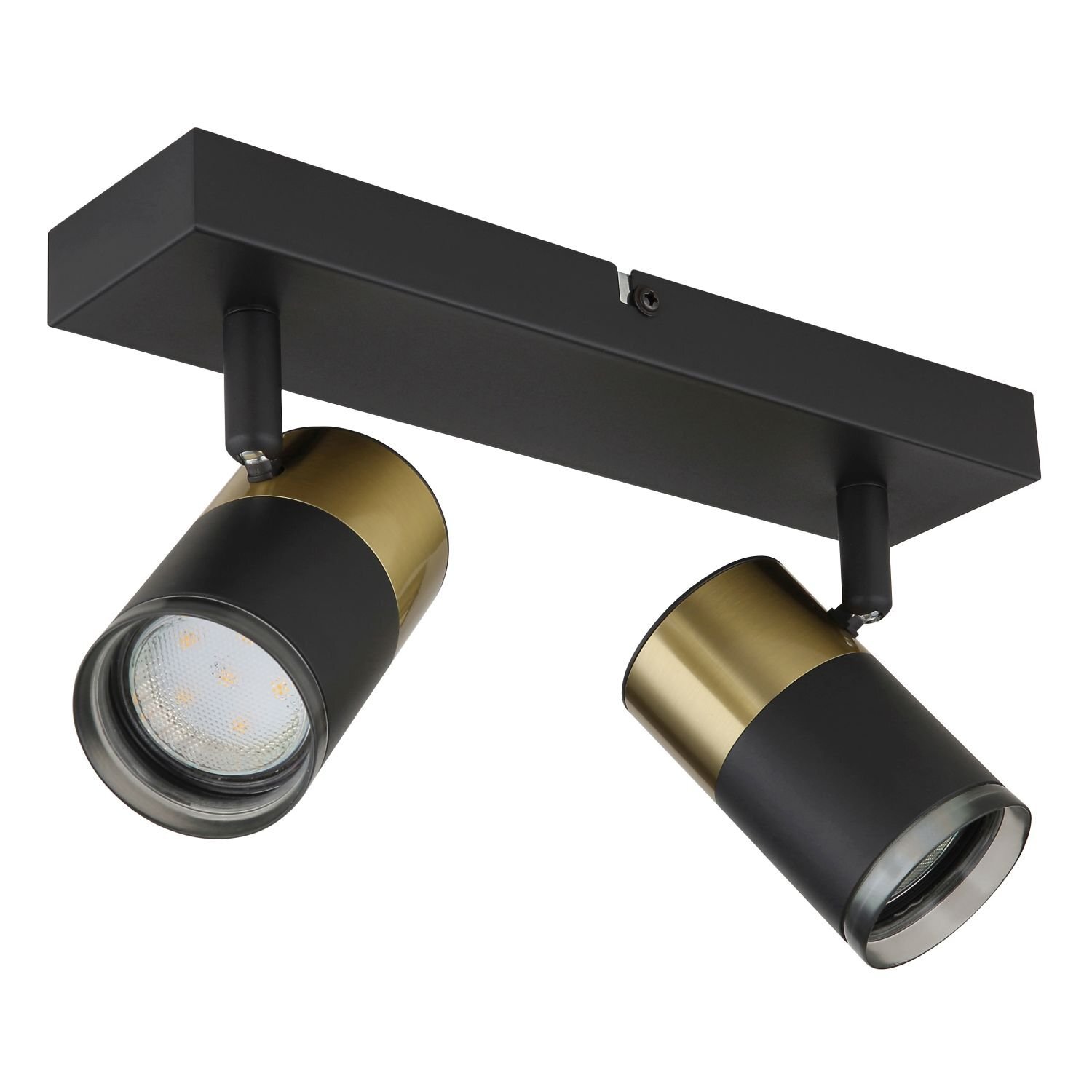 Czarna lampa sufitowa z dwoma regulowanymi reflektorami w kształcie cylindrów, z elementami w kolorze złotym. Reflektory są zamontowane na prostokątnej podstawie.