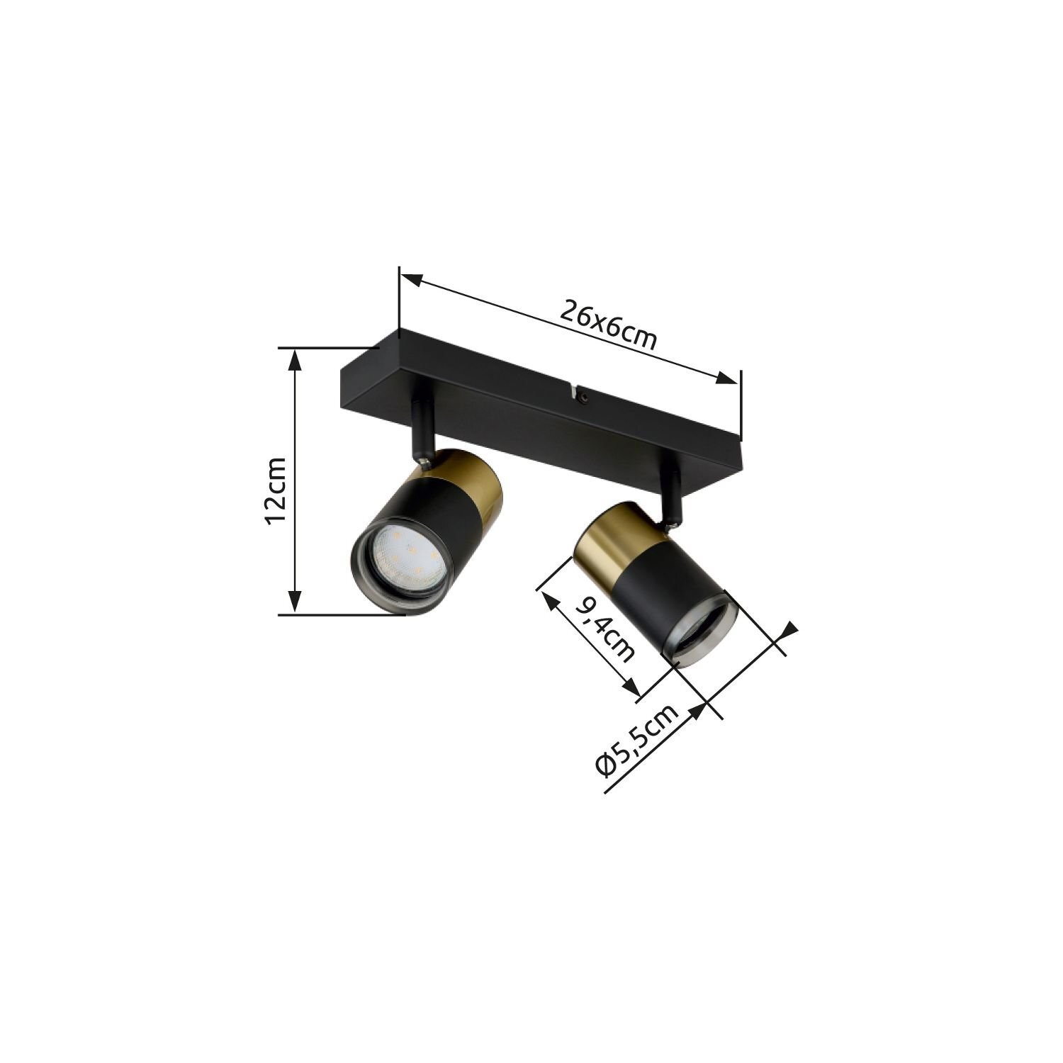 Lampa sufitowa z dwoma regulowanymi reflektorami w kolorze czarno-złotym, z wymiarami 26x6 cm, 12 cm wysokości, 9,4 cm długości reflektora i średnicą 5,5 cm.
