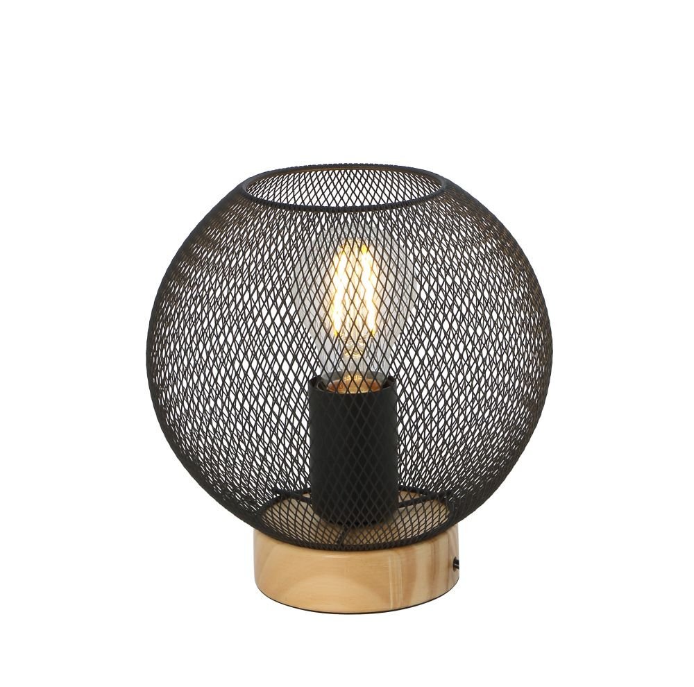Lampa stołowa z metalowym kloszem w kształcie siatki, osadzona na drewnianej podstawie. Wewnątrz znajduje się żarówka o widocznym żarniku.